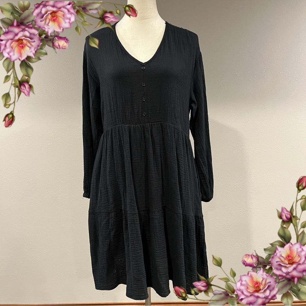 Serra casual tiered long sleeve charcoal Black mini Dress‎ size medium